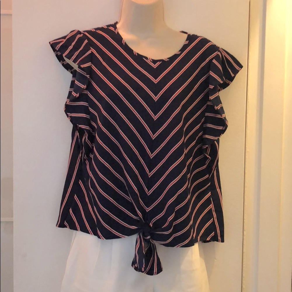 Monteau ruffled sleeve knot detail chevron shirt